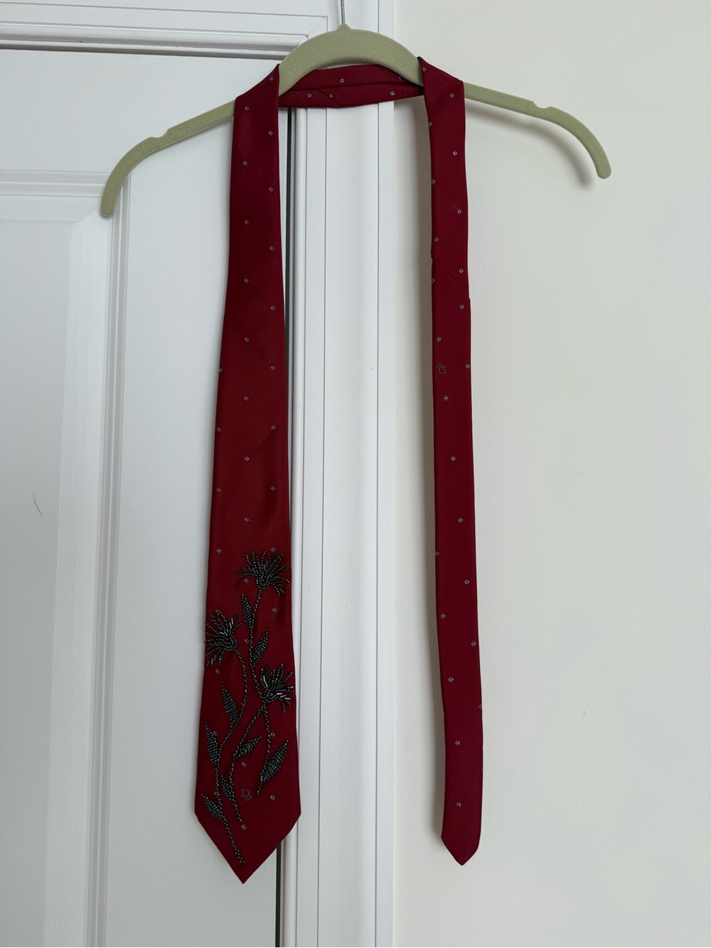 Dior Burgundy Hand Beaded Silk Blend Tie - Picture 5 of 9